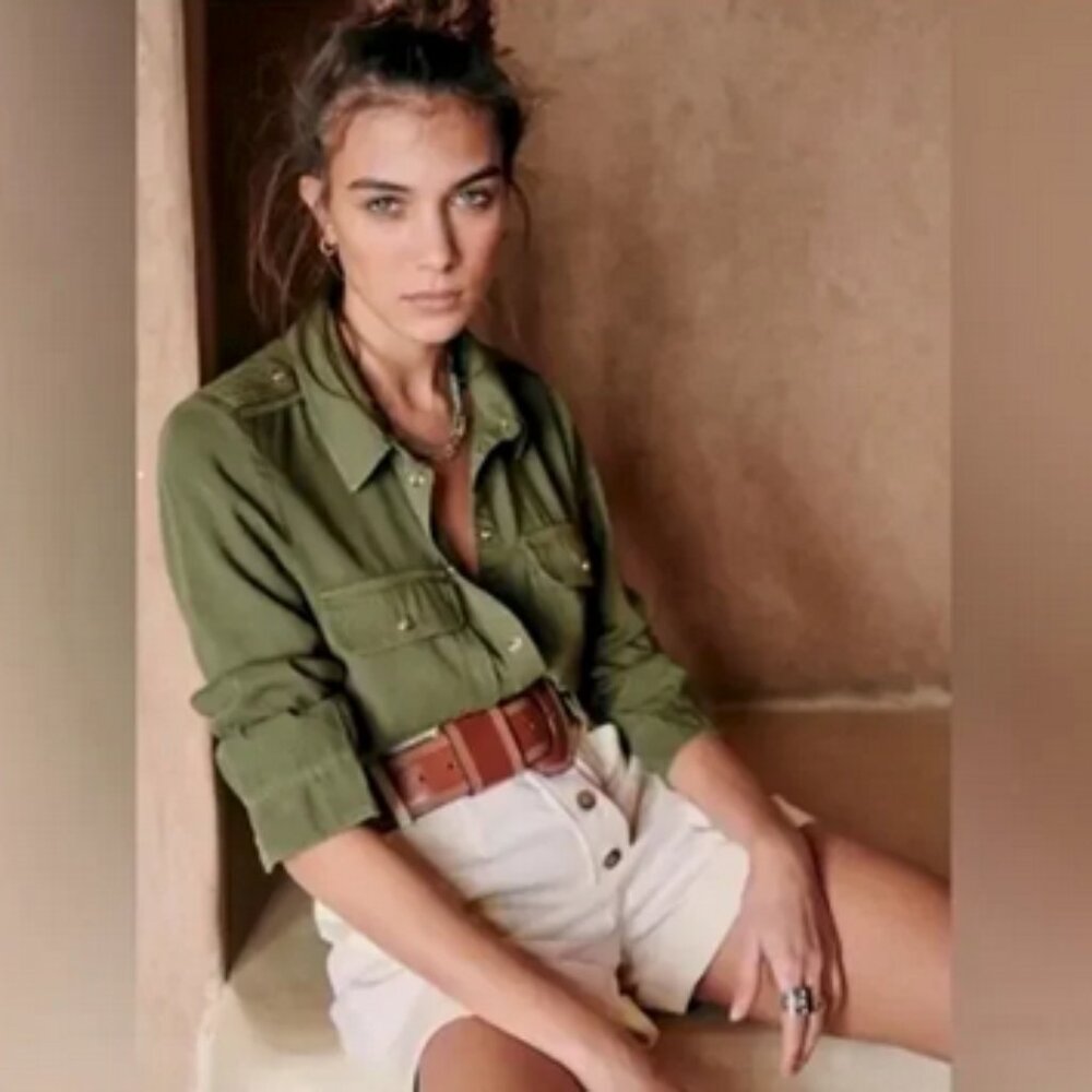 SEZANE Chemise Davina Button Down Shirt Top Khaki Green Snap Buttons  36 US S